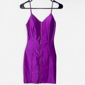 Y2K Purple Satin Mini Bodycon Fromt Zipper Dress
